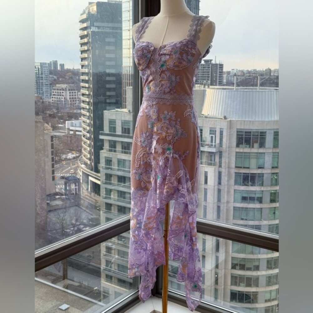 🆕 BRONX & BANCO 🧿 NWOT Eva Embroidered High-Low Midi Dress, Purple Sz XS US 2 - Picture 4 of 15